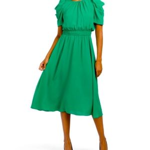London Times Fit & Flare Emerald Green Midi Dress w/ Puff Sleevess